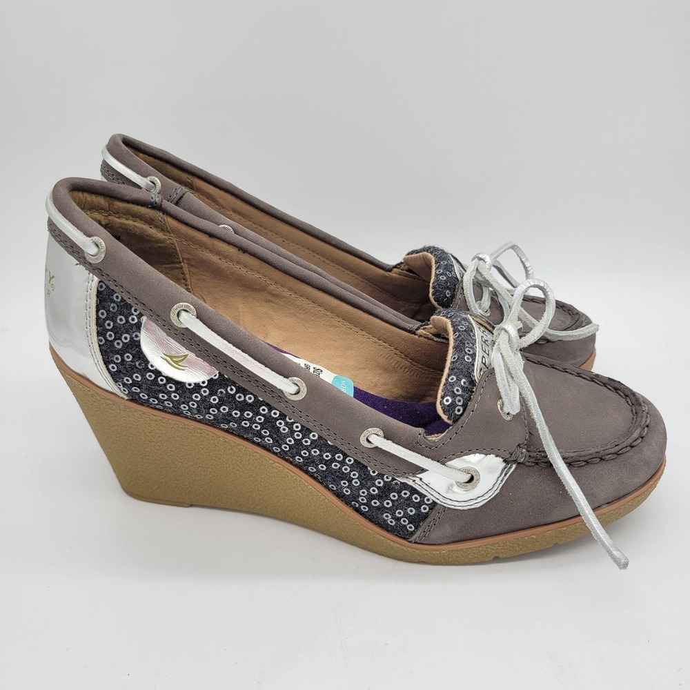 Sperry Top-Sider Goldfish Grey Sequin Wool Leather Wedge Boat Shoes 9289026 9M
